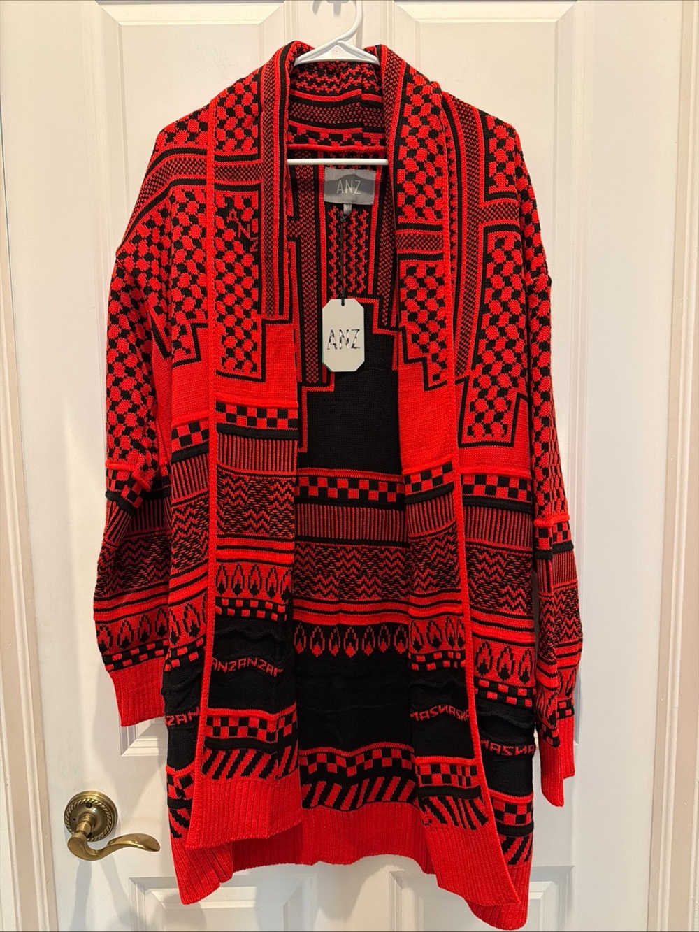 NWT ANZ oversized patterned knit cardigan Red And Black Unisex